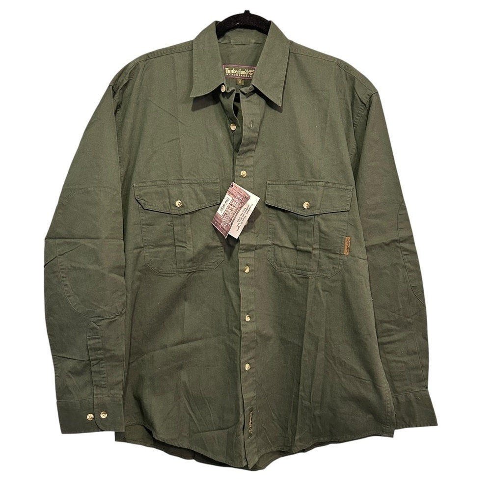 Timberland Weathergear twill button-up work shirt in green.